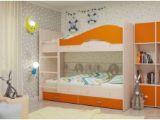 Кровать 2-х ярусная Мая с ящиками на латофлексах млечный дуб/оранж